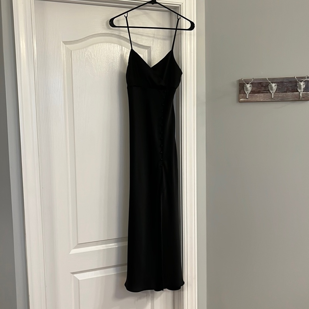 Zara, black v neck, spaghetti strap slip dress with slit. Sz 2.